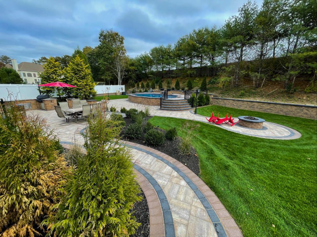Long Island landscape design, paver walkway, paver pool patio